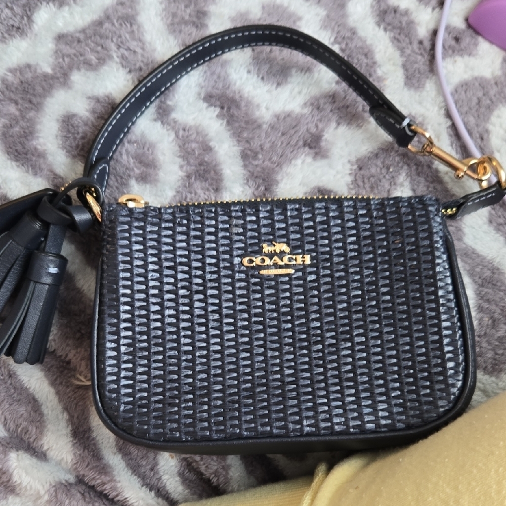 Coach Dark Navy Blue Woven Leather Mini Wristlet with Gold Hardware - Picture 3 of 13